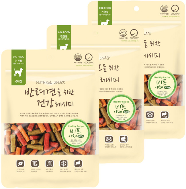 굿데이 반려견을 위한 건강레시피 져키, 혼합맛(비프/야채), 300g, 3개