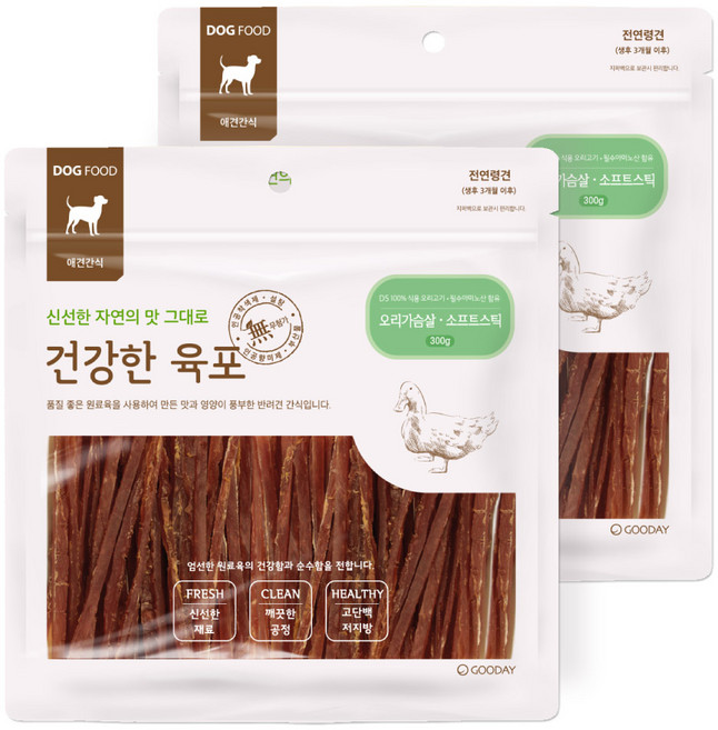 굿데이 강아지 건강한 육포, 오리가슴살 소프트스틱, 300g, 2개
