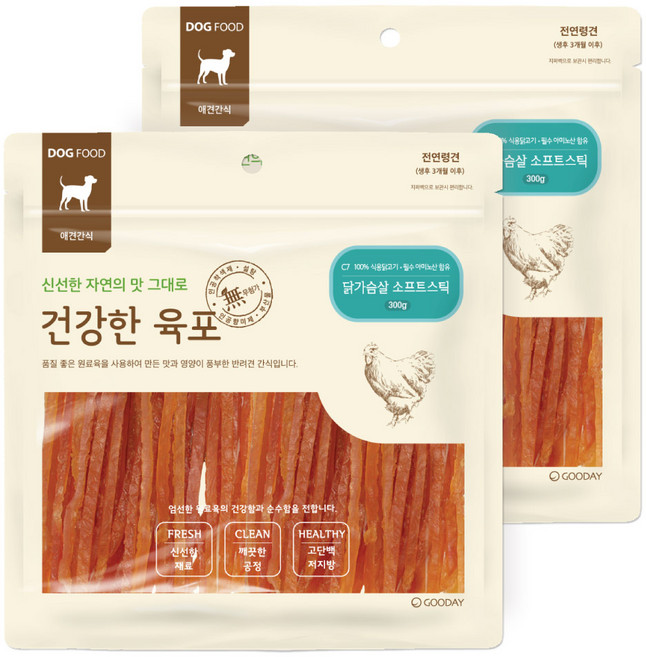 굿데이 강아지 건강한 육포, 닭가슴살 소프트스틱, 300g, 2개