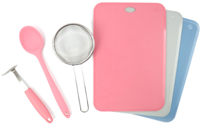투데코 필수 이유식 조리 준비물 세트, 거름채망 + 주걱 + 도마 3P + 매셔, 1세트, 핑크