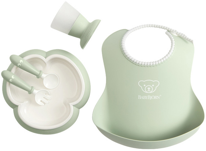 베이비뵨 베이비 디너 식기세트 + 턱받이, 파우더그린, 5개입, 1세트