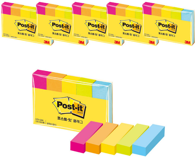 3M 포스트잇 페이지마커 670-5AN 100장, 5개입, 6개