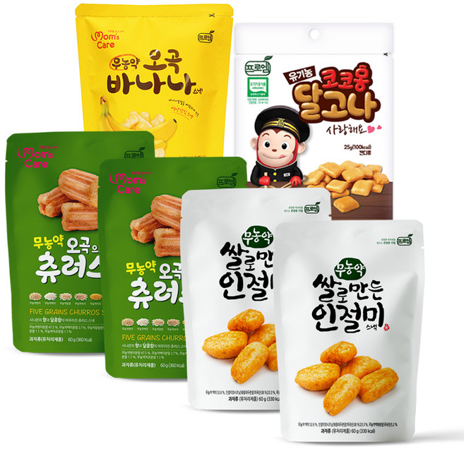 프로엠 무농약 쌀로만든 인절미 스낵 60g x 2p + 오곡 츄러스 60g x 2p + 오곡 바나나 60g + 코코몽달고나 25g, 1세트