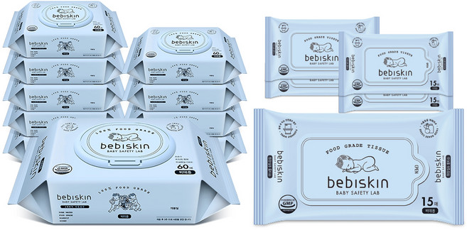 베비스킨 비데물티슈 캡형 60매 x 10팩 + 휴대형 15매 x 5팩, 1세트