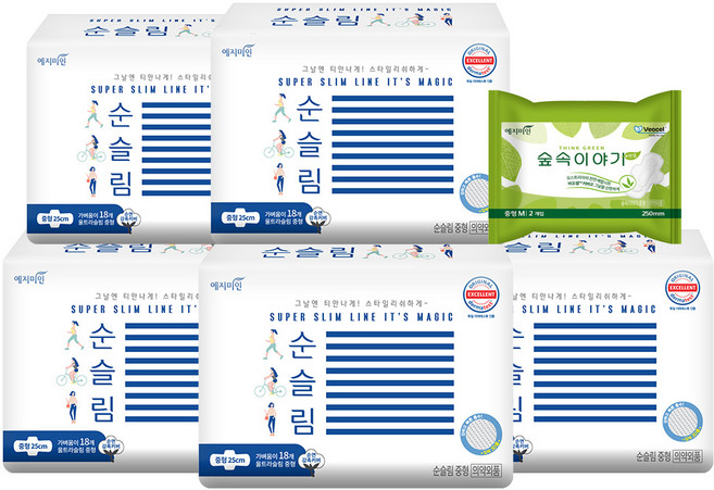 예지미인 뉴 순슬림 중형 생리대 날개형 18p x 5팩 + 숲속이야기 중형 2p, 1세트