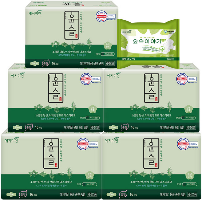 예지미인 윤슬 순한 순면감촉 중형 생리대 날개형 16p x 5팩 + 숲속이야기 중형 2p, 1개