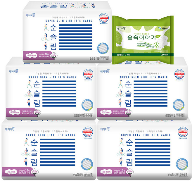 예지미인 뉴 순슬림 대형 생리대 날개형 16p x 5팩 + 숲속이야기 중형 생리대 2p, 1세트