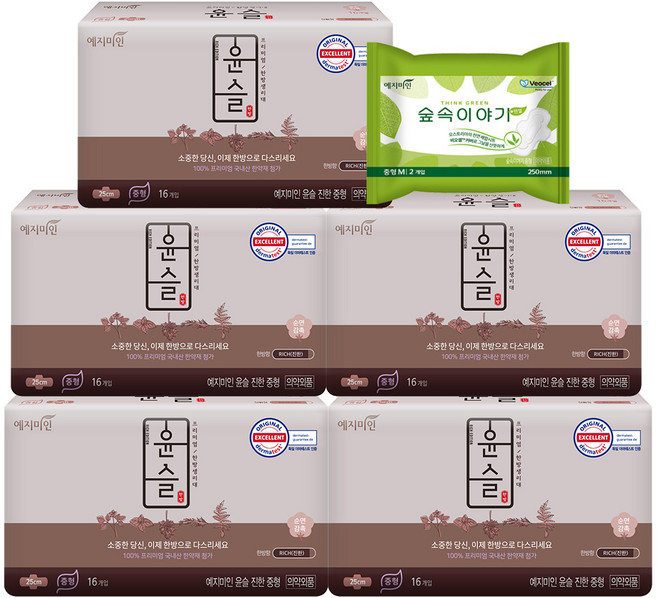 예지미인 윤슬 진한순면 중형 생리대 날개형 16p x 5팩 + 숲속이야기 중형 2p, 1세트