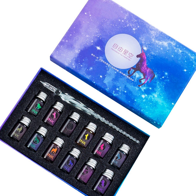 미니제이드 크리스탈 유리 만년필 + 딥 잉크 12p 작문 도구 선물 세트, E