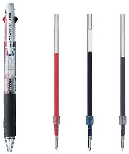 제트스트림 3색 볼펜 0.38mm + 리필심 흑 + 청 + 적, 투명, 1세트