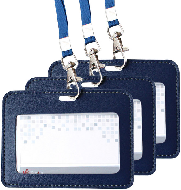 빅드림 가죽 ID 명찰 가로형 줄포함 VIC- 6817 3p, 네이비, 2세트