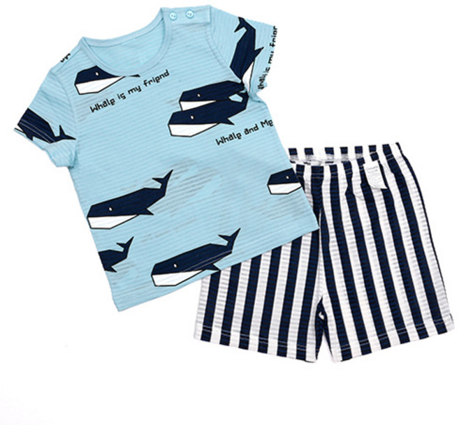 Maykids 童款棉質鯨魚印花短袖上衣+條紋5分褲組