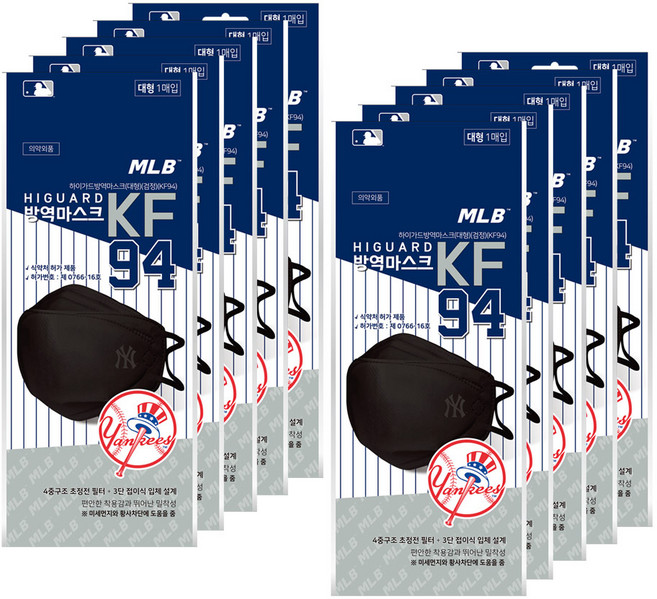 MLB 황사마스크 뉴욕양키즈 블랙 대형 KF94, 1매, 10개