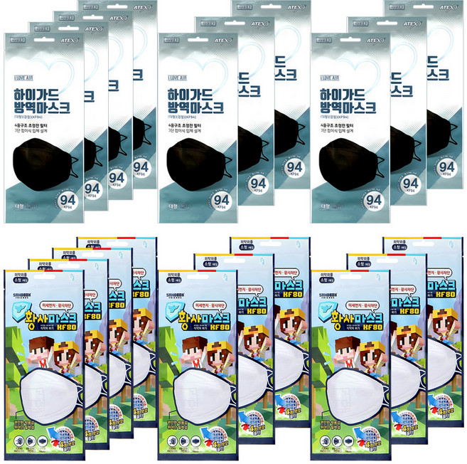 아이러브에어 샌드박스 하이가드 황사마스크 2종 세트 블랙 대형 KF94 10p + 화이트 소형 KF80 10p, 1세트
