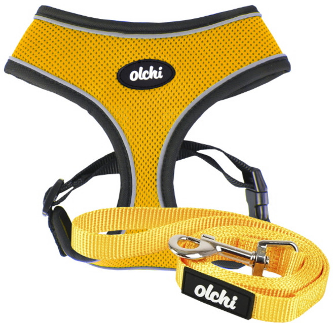 올치 야간 빛 반사 콤비 하네스 A 강아지 산책 목줄 리드 세트 L, YELLOW, 1세트