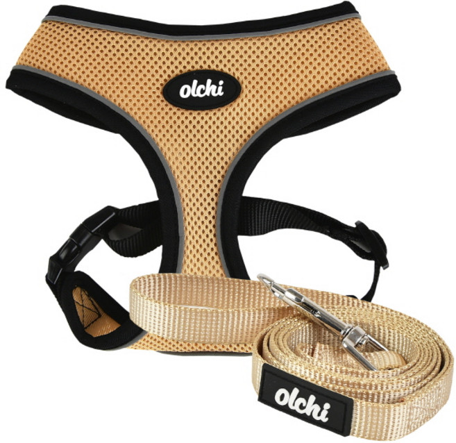 올치 야간 빛 반사 콤비 하네스 A 강아지 산책 목줄 리드 세트 S, BEIGE, 1세트