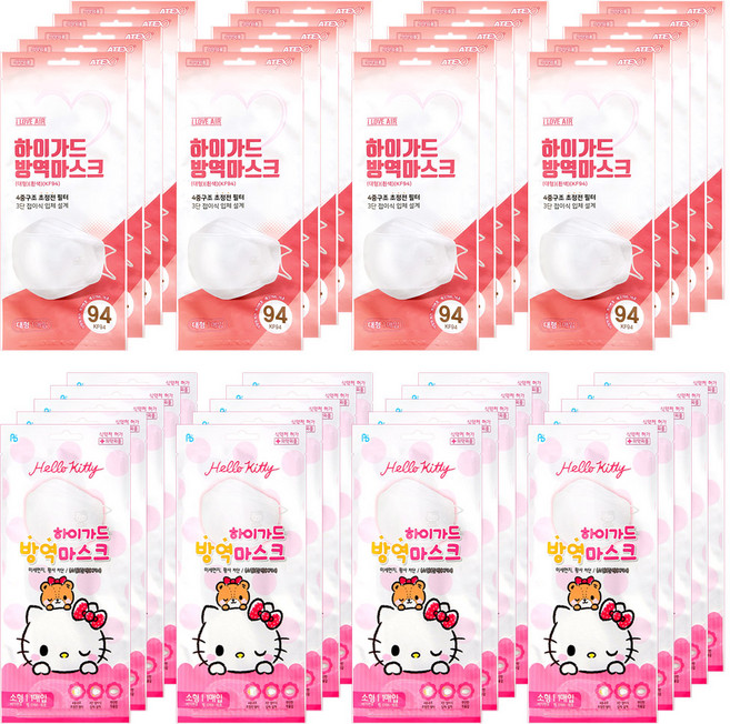 아이러브에어 헬로키티 하이가드 황사마스크 2종 세트 화이트 KF94 대형 20p + 소형 20p, 1세트