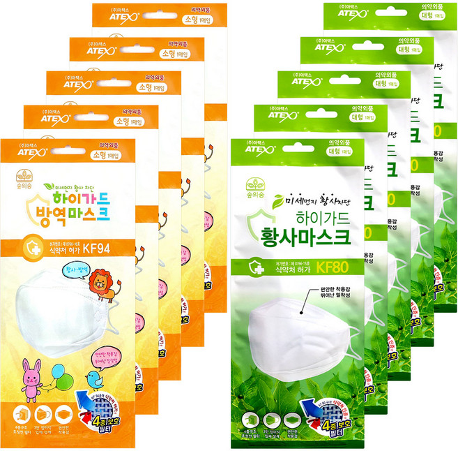 하이가드 숲의숨 방역 황사마스크 2종 세트 소형 KF94 5p + 대형 KF80 5p, 1세트