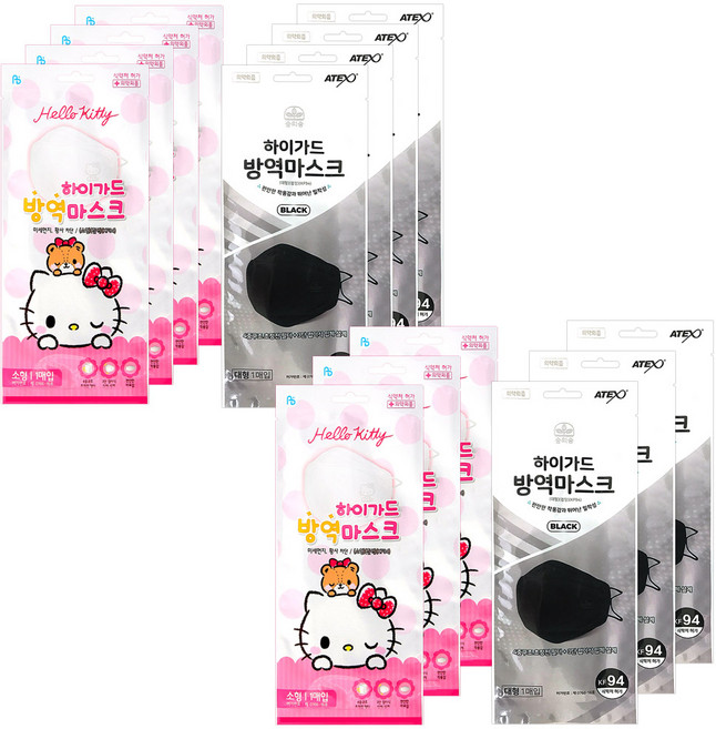 아텍스 하이가드 방역 황사마스크 헬로키티 소형 KF94 7p + 대형 블랙 KF94 7p, 1세트