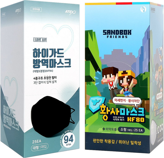 아이러브에어 하이가드 황사마스크 블랙 대형 KF94 25p + 샌드박스 화이트 소형 KF80 25p, 1세트
