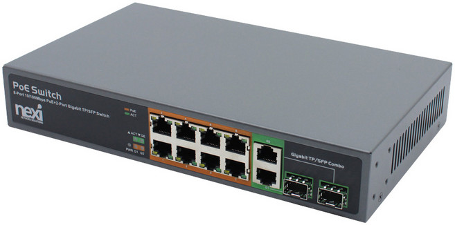 넥시 8 + 2 포트 POE 스위치허브 150W + 2PORT SFP, NX-POE1008GSR, 1개