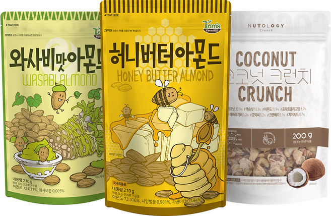 탐스팜 허니버터아몬드 210g + 와사비맛 아몬드 210g + 코코넛크런치 혼합견과 200g, 1세트