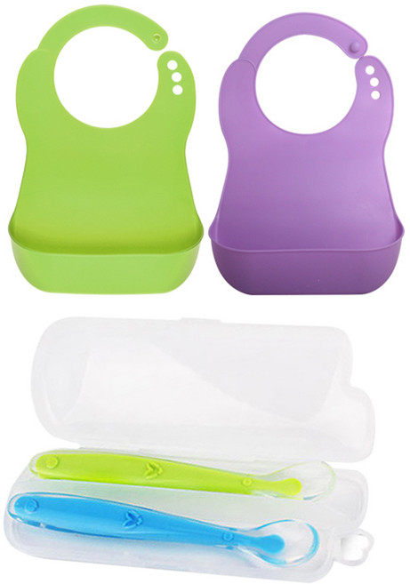 베베락 소프트 이유식 턱받이 + 실리콘 피딩스푼, 그린 + 퍼플 + 블루 + 그린, 1세트