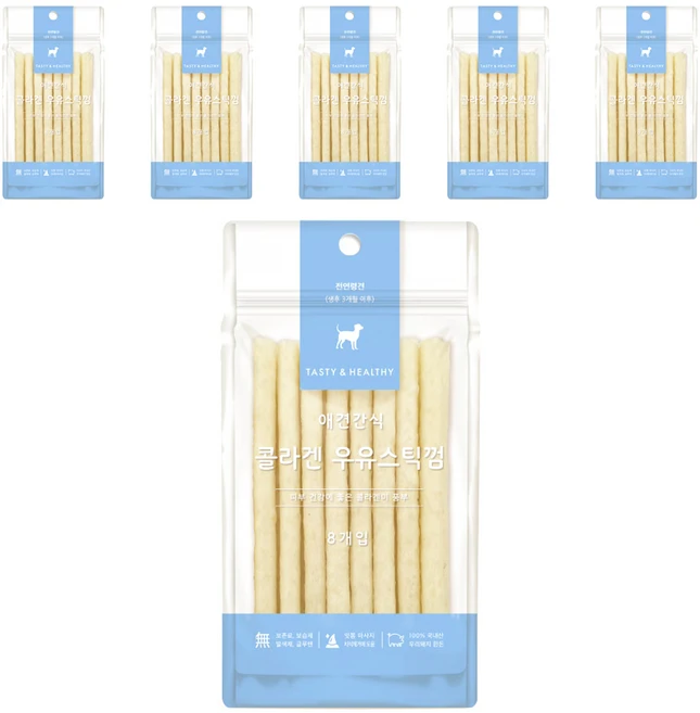 굿데이 애견간식 콜라겐 스틱껌 8p, 우유맛, 40g, 6개 - 쿠팡