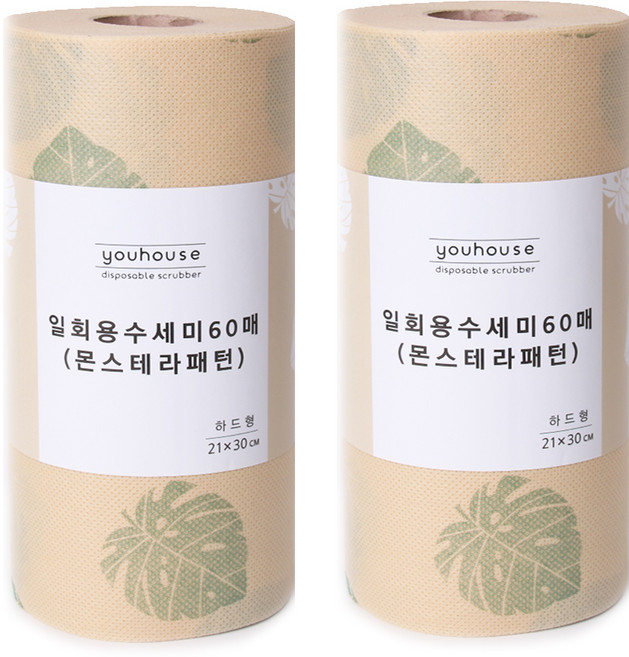 유하우스 몬스테라 양면 일회용 수세미 60매, 혼합 색상, 2개