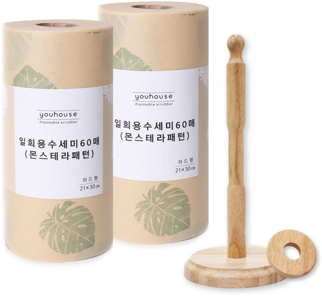 유하우스 몬스테라 양면 일회용 수세미 60매 2p + 원목 롤 수세미 전용 걸이, 혼합 색상, 1세트