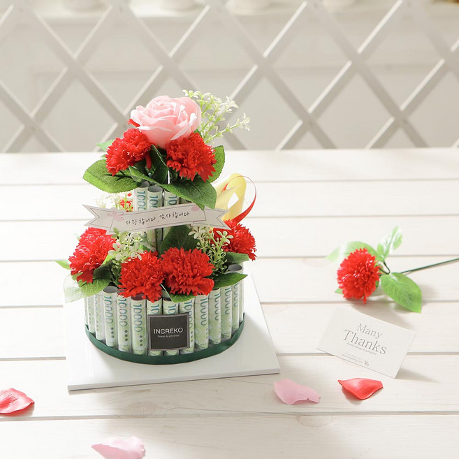 알사탕닷컴 비누꽃 2단케익 용돈박스 + 원통케이스 40p + 메세지카드 랜덤발송 + 메시지픽 세트, 레드, 1개
