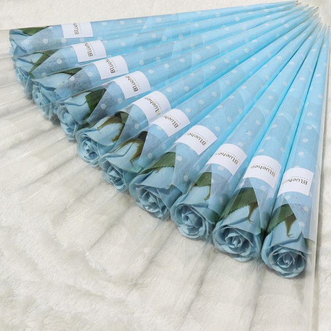 블뤼엔 조화 한송이장미 10p + 땡땡이포장지 10p, 블루