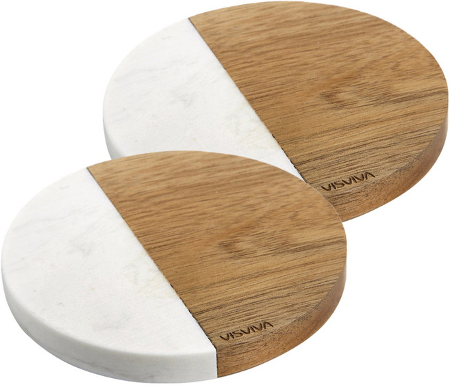 비스비바 아카시아우드 마블패턴석재 킨포크 마블 원형 컵받침 2p, 혼합 색상