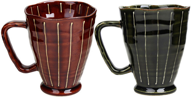 아이카 하나비 도자기 머그컵 2p, 브라운, 그린, 1세트