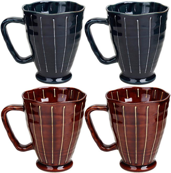 아이카 하나비 도자기 머그컵 블루 2p + 브라운 2p, 혼합 색상, 1세트