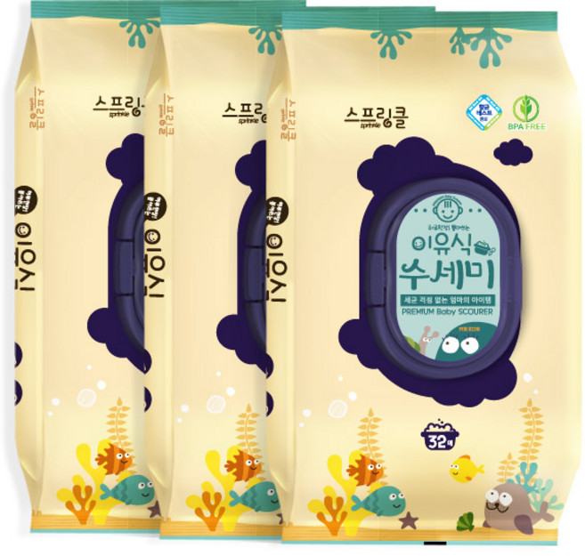 스프링클 일회용 이유식 수세미, 혼합색상, 3개, 32개입