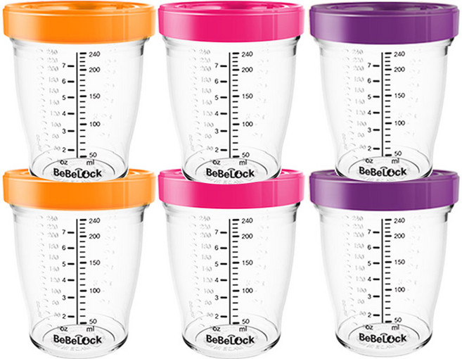 베베락 눈금형 트라이탄 이유식 밀폐용기 세트, 240ml, 오렌지 + 핑크 + 퍼플, 6개