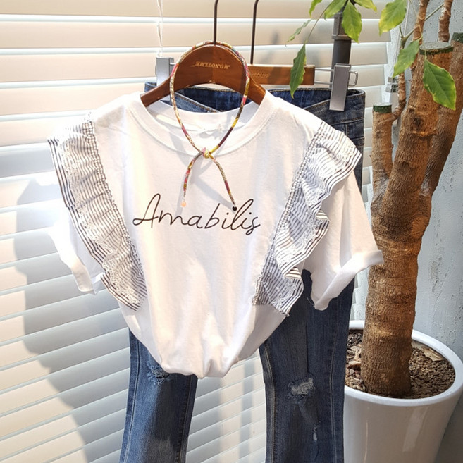 모노타임 시크 어깨 레이스 프릴 반팔 티셔츠