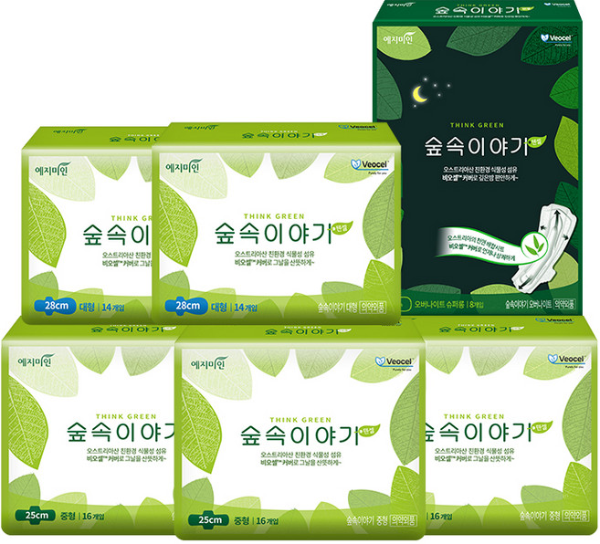 예지미인 숲속이야기 비오셀 생리대 날개형 대형 14p x 2팩 + 중형 16p x 3팩 + 오버나이트 8p, 1세트