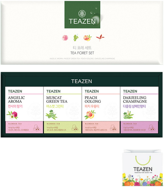 티젠 티 포레 세트 + 쇼핑백, 천사의향기 1.8g x 8p + 머스캣그린티 1.8g x 8p + 피치우롱 1.8g x 8p + 다즐링샴페인향티 1.5g x 8p, 1세트