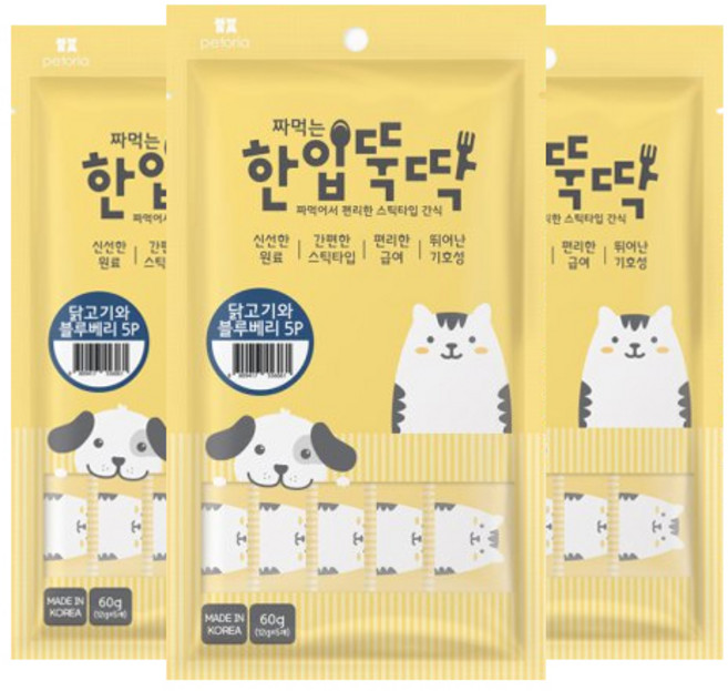 한입뚝딱 반려동물 짜먹는 간식, 혼합맛(닭고기/블루베리), 60g, 3개