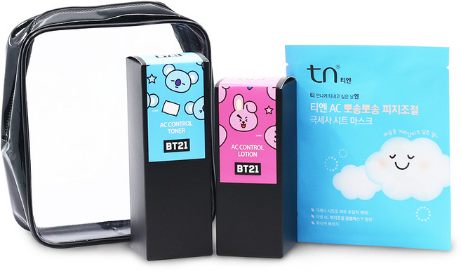 티엔 AC 로션 190ml + 토너 230ml + 극세사 시트마스크팩 + 지퍼파우치 BT 21, 1세트