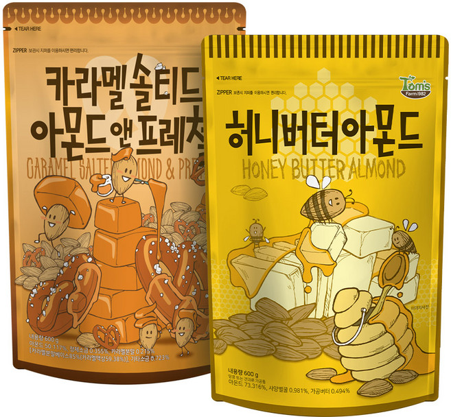 탐스팜 허니버터아몬드 600g + 카라멜솔티드아몬드앤프레첼 600g, 1세트