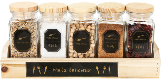 백수소반 골드라벨 레터링 우드 유리 양념통 선반 세트, 1세트, 양념병 5p + 우드박스 + 골드라벨스티커