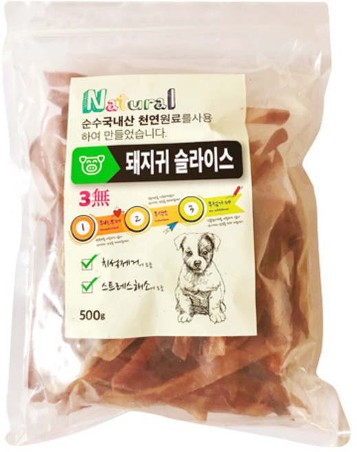 굿펫 천연수제 강아지 간식, 돼지귀슬라이스, 500g, 1개