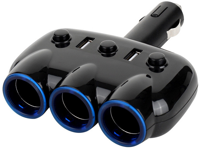 쓰리제이알 시거잭 3구 USB 2포트 스위치 차량용 충전기, JCGR3434AT, 블랙