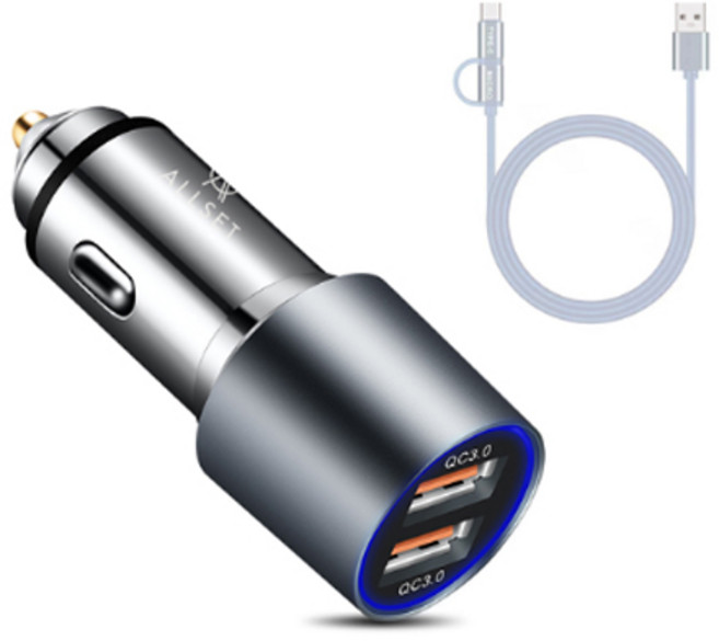 올셋 퀵차지 3.0 듀얼 차량용 고속 충전기 + 5핀 C타입 USB케이블, allset-2, 실버