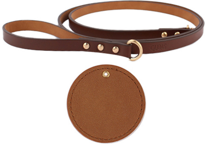구바스 뉴프리미엄 반려동물 리드줄 + 인식표, 브라운, 1개