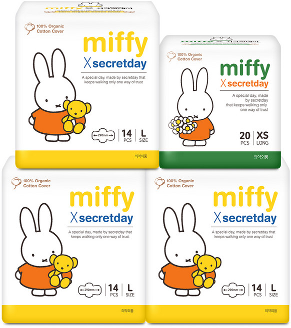 시크릿데이 유기농 순면커버 미피 대형 생리대 날개형 42p + 미피 팬티라이너 롱라이너 20p, 1세트