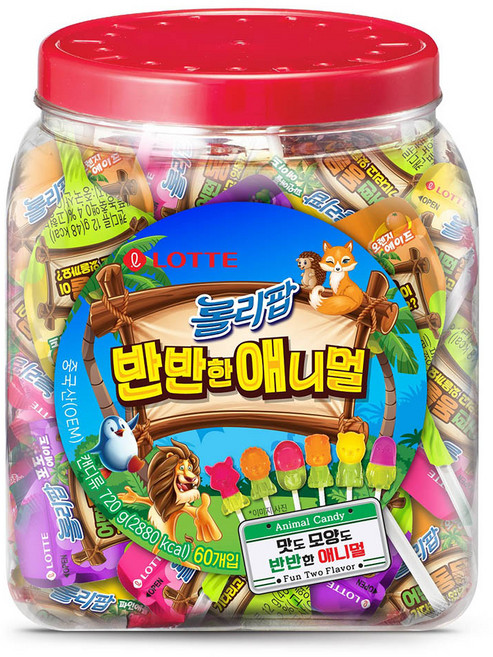롯데제과 반반한 애니멀 롤리팝 캔디, 12g, 60개